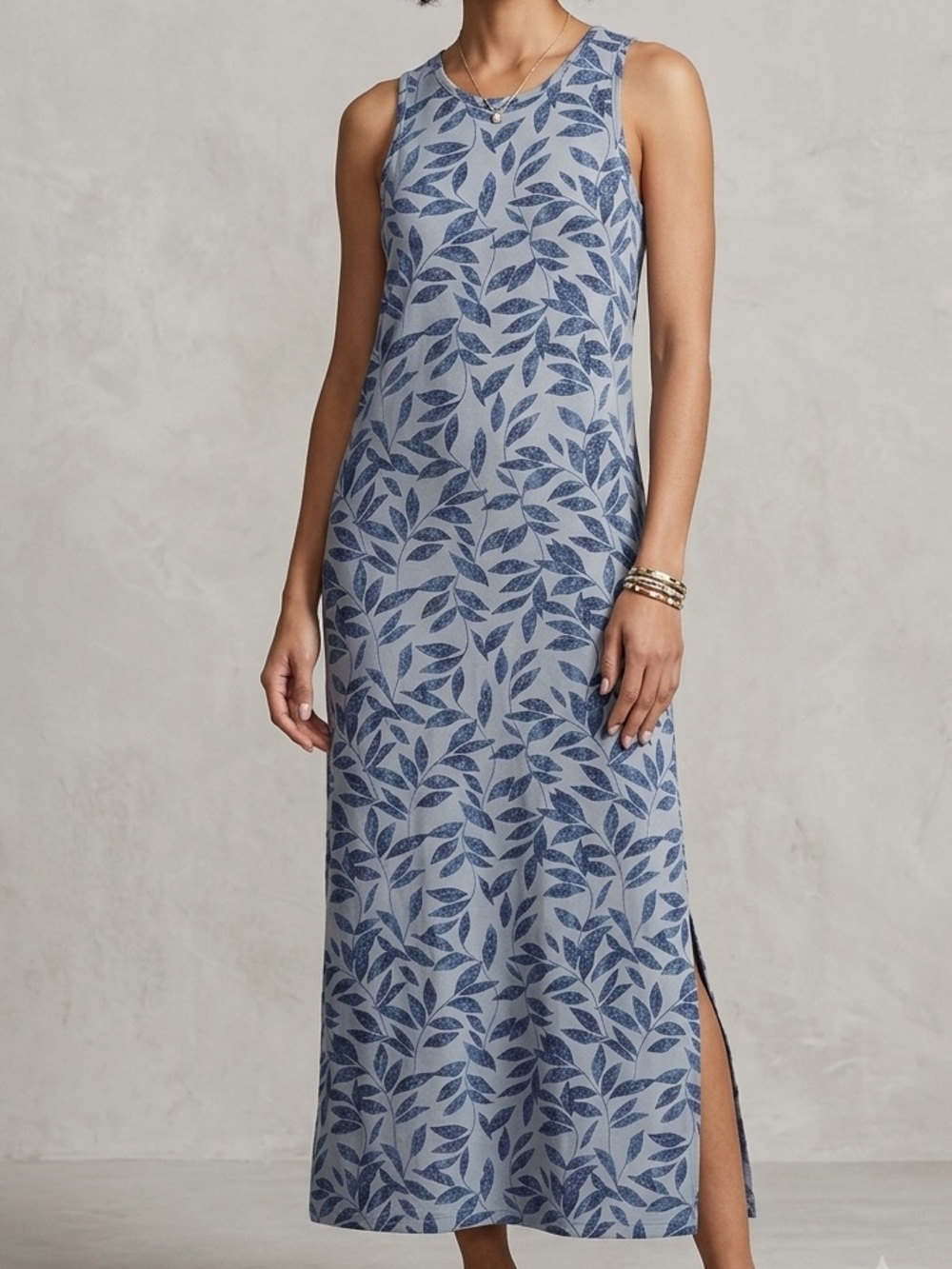 Eddie Bauer‎ Womens Blue Leaf Print Sleeveless Maxi Tank Dress Gray Medium